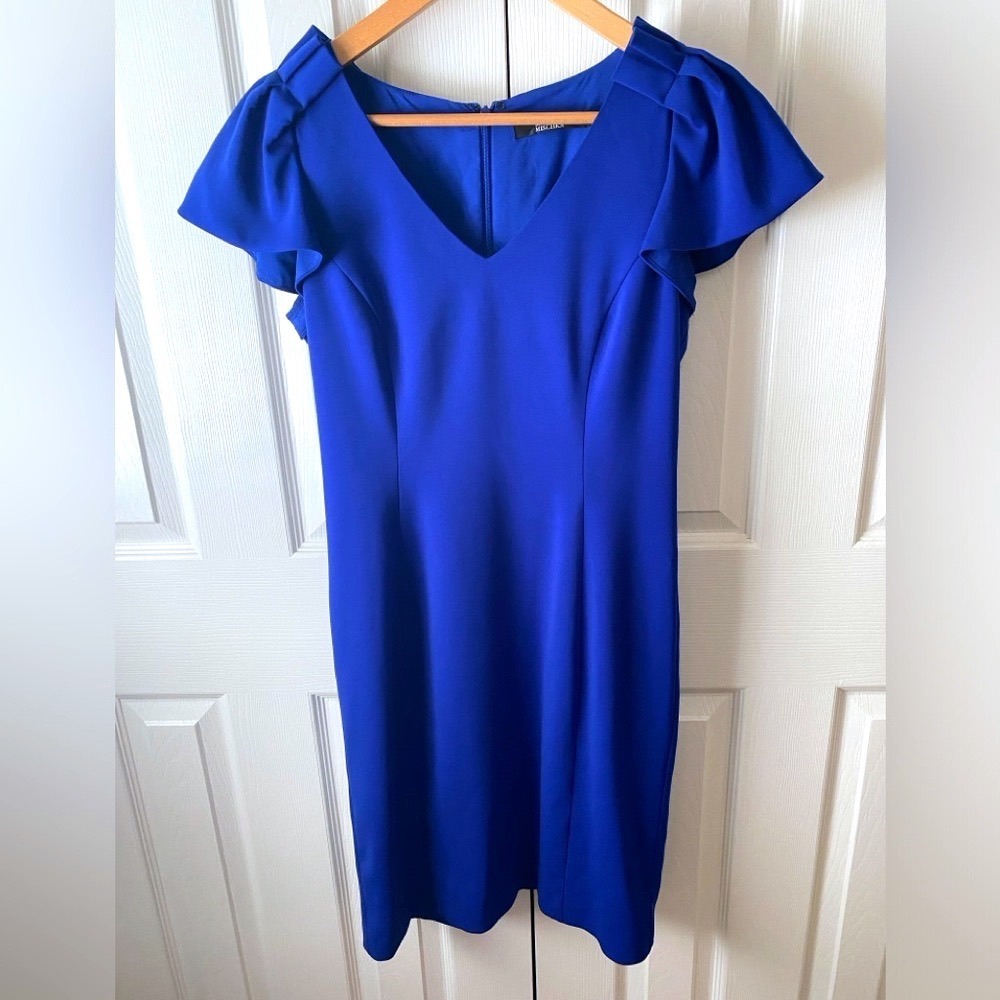 BADGLEY MISCHKA Cobalt Blue Crepe Ruffle Pleated Sleeve Sheath Dress SZ 6